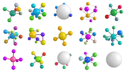 Colorful 3D molecular structures with varying spherical & connecting stick designs on black