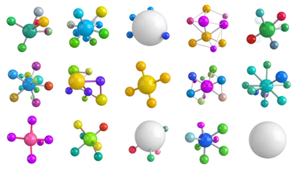 Colorful 3D molecular structures with varying spherical & connecting stick designs on black