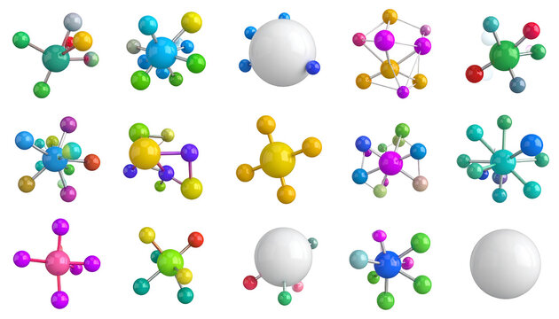 Colorful 3D molecular structures with varying spherical & connecting stick designs on black