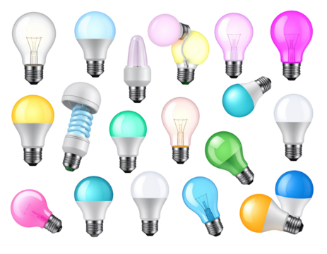 Assorted colorful lightbulbs, LED and standard, arranged on a black background, glowing softly