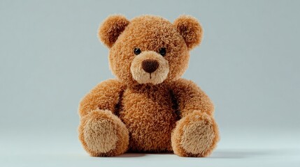 Obraz premium A light brown teddy bear, plush and fluffy, sits facing forward against a neutral gray backdrop. Its expression is gentle and innocent, paws neatly placed in front