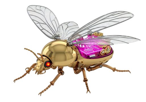 Futuristic steampunk insect with golden shell and glowing pink technology, evoking science fiction and retro future themes for unique design projects