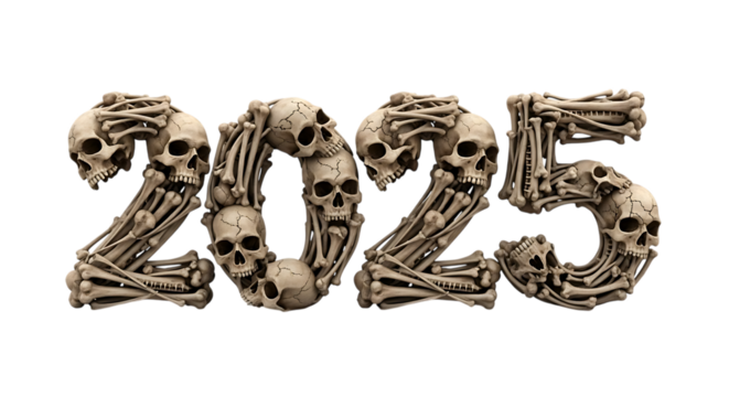 2025 Text Art Composed of Skulls and Bones, Halloween Theme, Spooky Graphic Design
