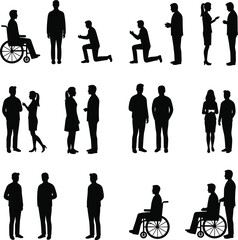 Silhouette people communication, conversation, standing couple, kneeling man, wheelchair user, support, relationship, discussion, teamwork, dialogue, community, partnership, social 