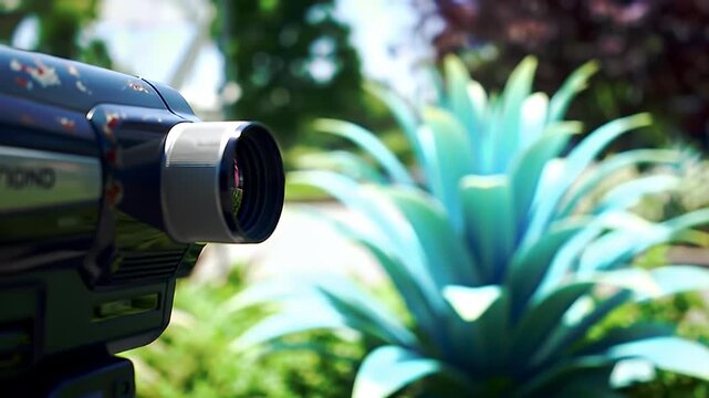 Close-up of a video camera lens focused on a vibrant agave plant