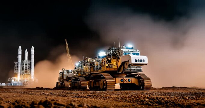 Mars colony construction site with robotic builders assembling habitat modules dust clouds from heavy machinery orange atmosphere industrial progress theme