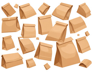 Scattered kraft paper lunch bags float against a solid black backdrop