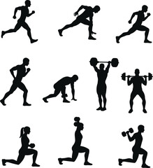 Silhouette fitness athletes, running, weightlifting, training, workout, gym exercise, strength, health, bodybuilding, sports, athletic lifestyle, endurance, power, active people