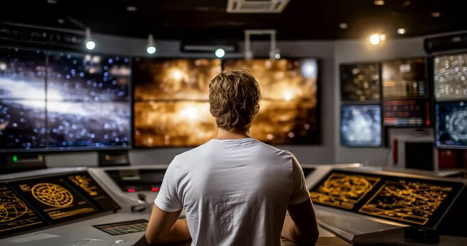 Spacecraft navigation room with holographic star maps floating in air course plotting displays advanced positioning technology exploratory planning