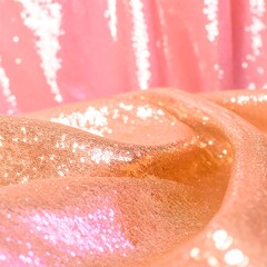 Fototapeta premium Close-up view of a soft, textured fabric with shimmering sequins in a delicate shade of rose gold.