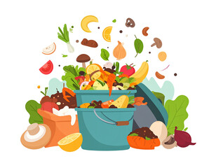 Colorful food waste overflowing a blue bin, some in cloth bag