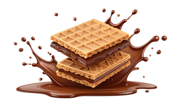 Stacked wafer cookie with chocolate filling, with a chocolate splash on a black background