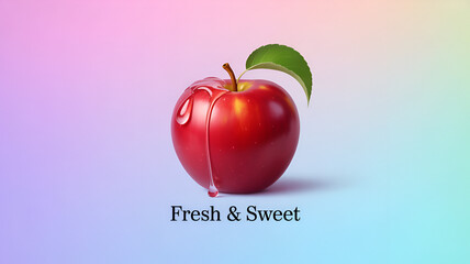 A shiny red apple with a leaf and water droplets and fresh sweet text below
