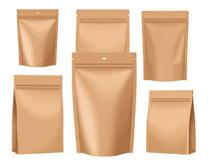 Five kraft paper stand-up pouches, various sizes