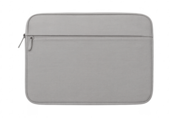 Modern gray laptop sleeve with zipper closure on transparent background