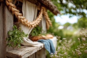 Rustic Bread Stand Surrounded by Nature with Fresh Herbs, Bakery Breads, and Rustic Textiles in a Serene Outdoor Setting in the Warm Sunlight