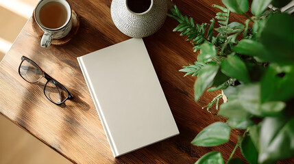 Top down view flat lay with white soft cover book mokup coffee mug glasses andblurred plant in the foregound on a brown wooden tabe Customizable template wih concept of literature : enerative AI