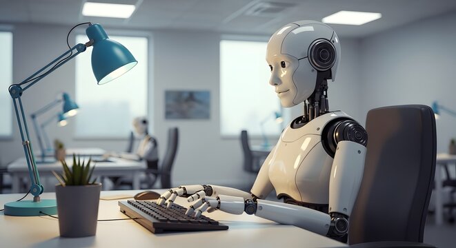 A futuristic robotic worker in an office environment. 