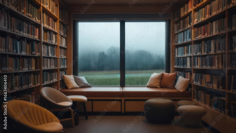 Poster library nook with window view