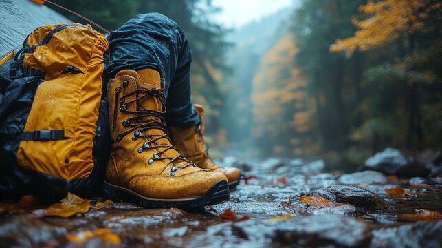 Hiking Boots on Rocky Ground by a Stream in Autumn Forest Landscape