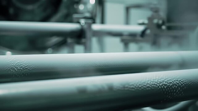 Abstract view of parallel pipes with condensation in a blurred industrial space