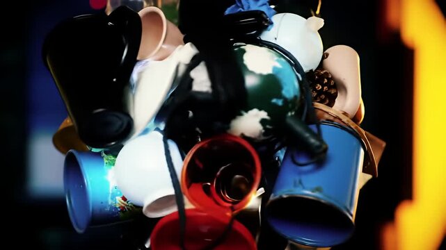 An assortment of objects are stacked in a chaotic and colorful heap against dark background