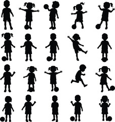 Children silhouette, kids playing, girl with ball, boy with ball, child activity, vector illustration, fun game, playful childhood, sport design