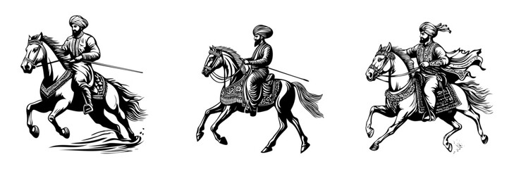 Fototapeta premium Set of traditional South Asian warriors riding decorated horses illustration