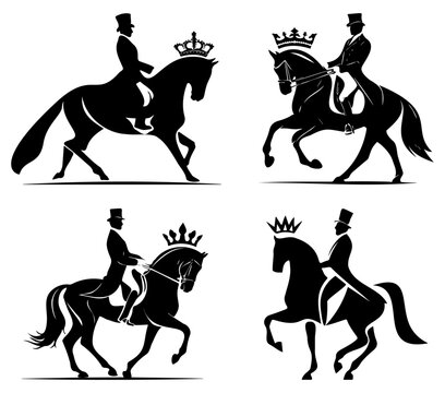 Elegant dressage horse with rider and crown silhouette