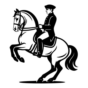 Dressage horse performing levade with rider silhouette