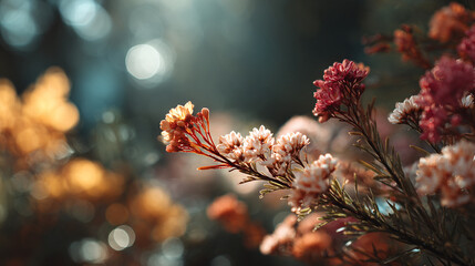 Close up shot of small pink and white flowers with a blurred background.