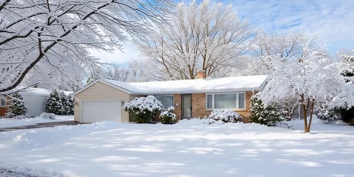 Suburban house exterior during the snowy winter seasonal weather