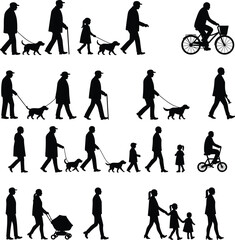 Silhouette people walking, family with children, seniors with cane, dog walkers, cyclist riding bike, parents pushing stroller, outdoor lifestyle activity illustration