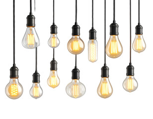 Hanging Edison light bulbs illuminating, action in dark room, interior design concept