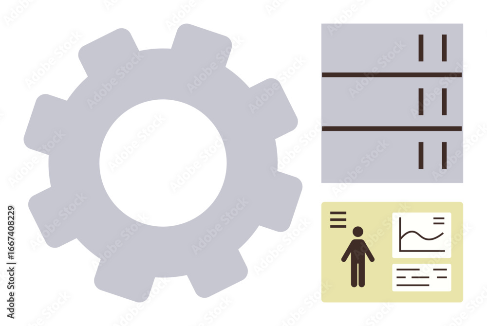 Poster gear representing system processes, stacked servers for data storage, and analytics panel with chart