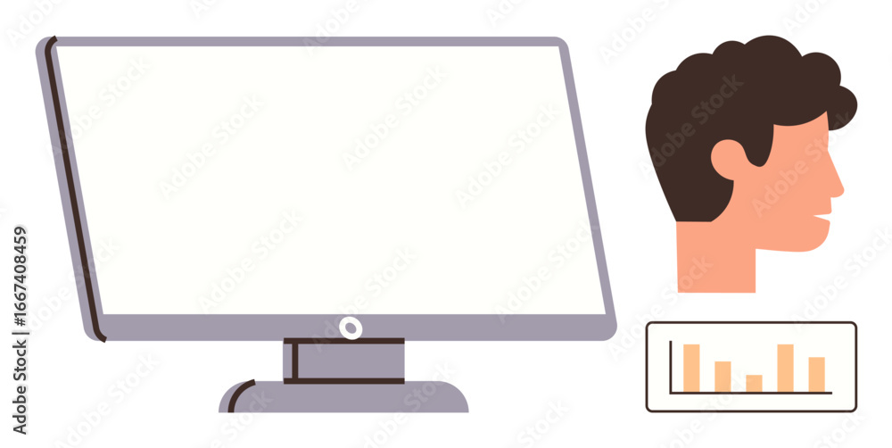 Poster side profile head facing large computer screen with blank display, adjacent data bar chart. ideal fo