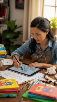Focused Asian female illustrator creating a cartoon character for a children's book on a digital tablet in her home art studio.