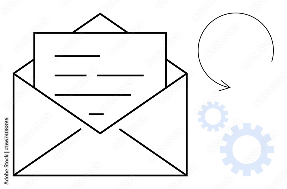 Poster envelope with a letter, two gears and an arrow suggest system, automation, and workflow concepts. id