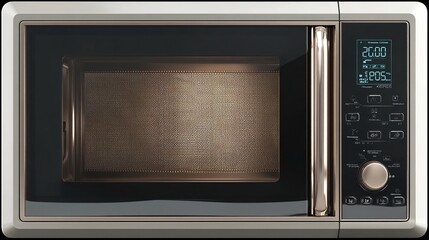 Fototapeta premium A metallic beige microwave oven with a digital display showing 