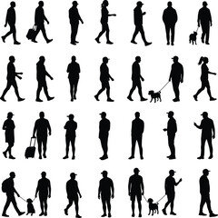 Silhouette people walking, men and women outdoor activity, travelers with luggage, parents with children, dog walkers, casual lifestyle illustration