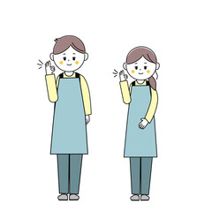 オッケーポーズをするエプロンを着た男女の全身イラスト