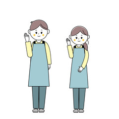 案内のポーズをするエプロンを着た男女の全身イラスト