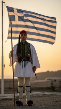 Young male Evzone soldier in a traditional ceremonial fustanella uniform holding a spear. A large Greek flag waves in the background during a golden sunset.