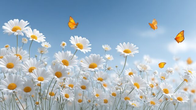 A field of white daisies with butterflies flying under a clear blue sky, showcasing natural beauty and peaceful scenery. - Powered by Adobe