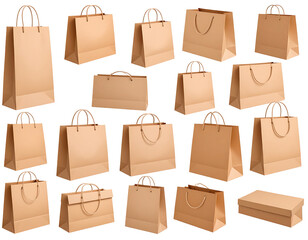 Assortment of various brown paper shopping bags, different shapes, and sizes shown