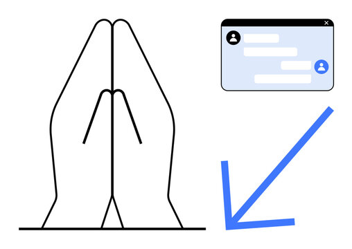 Folded hands symbolizing gratitude beside chat messages with user icons and downward arrow. Ideal for spirituality, communication, online interaction, connection, messaging, gratitude, simple landing