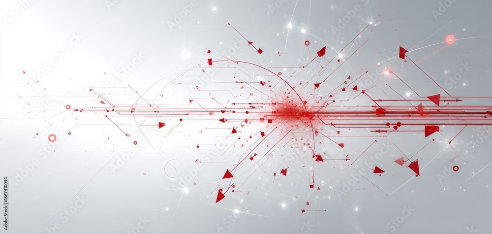 Poster an abstract digital design featuring red arrows and lines connecting, representing modern technology