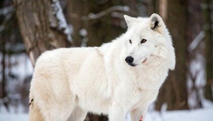 Majestic Arctic Wolf Standing Alert in Snowy Winter Forest.