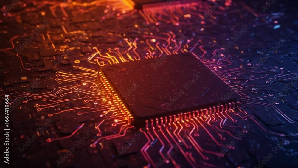 Poster dynamic circuit board with glowing pathways, representing advanced technology and innovation