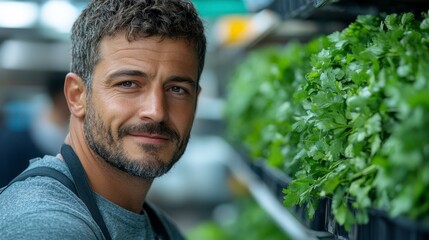 Smiling man in apron near fresh herbs in vibrant marketplace setting